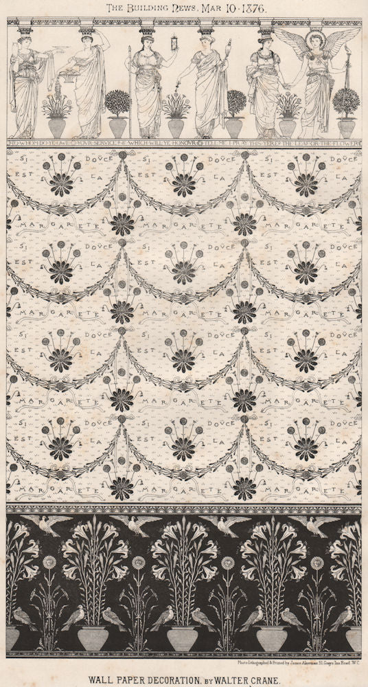 Wallpaper decoration by Walter Crane. Design 1876 old antique print picture